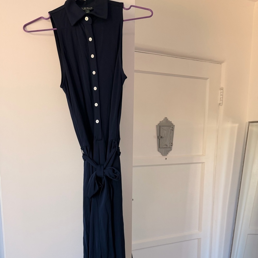 LAUREN by Ralph Lauren Navy Sleeveless Jumpsuit with Belt and pockets